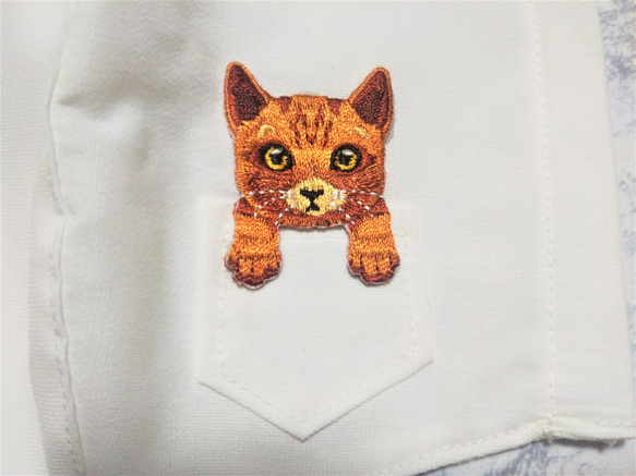 立体マスク　布マスク　大人用　猫柄　茶トラ②　ポケット猫　刺繍アップリケ付　 2枚目の画像