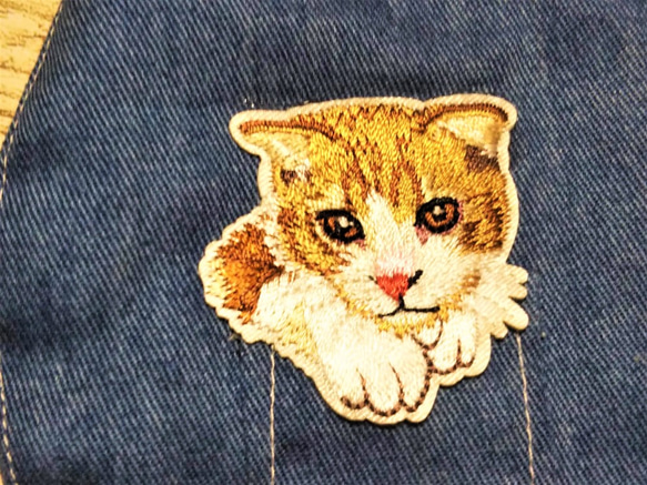 夏用　立体マスク　大人用　猫柄　スコティッシュフォールド　ポケット猫　刺繍アップリケ付　保水涼感加工　軽い付け心地 2枚目の画像