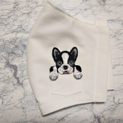 立体マスク　布マスク　大人用　犬柄　ボストンテリア　刺繍アップリケ付　大きめ　 2枚目の画像