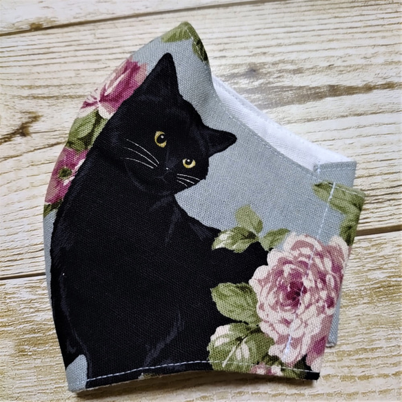 立体マスク　美人マスク　大人用　猫柄　黒猫　ローズキャット　ブルー・グレー　大きめ 3枚目の画像