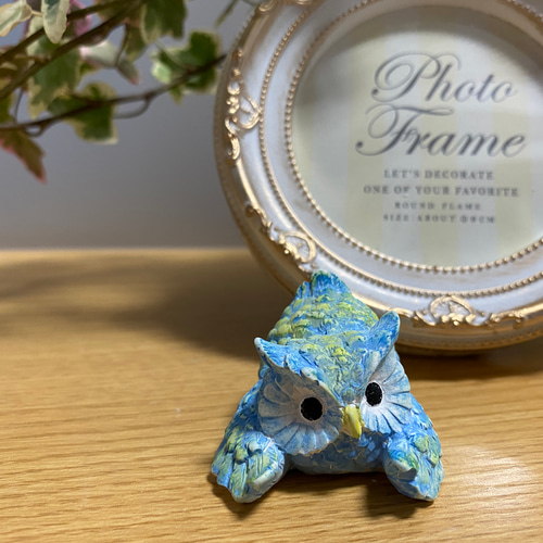 フクロウ 梟 アロマストーン 青と黄色のマーブルと白のセット