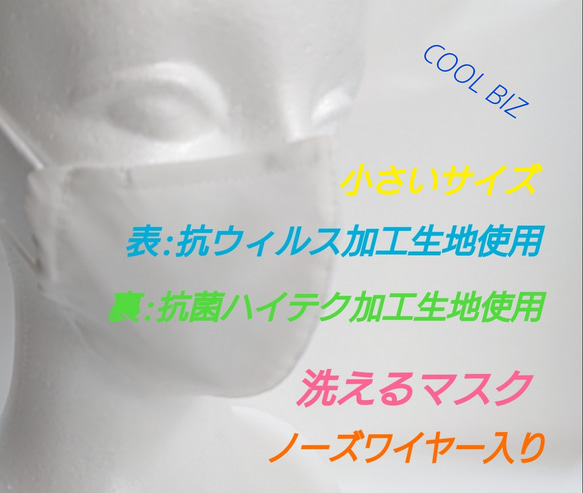 抗ウィルス素材使用 ノーズワイヤー入り 洗えるマスク(小さいサイズ)(白) 1枚目の画像