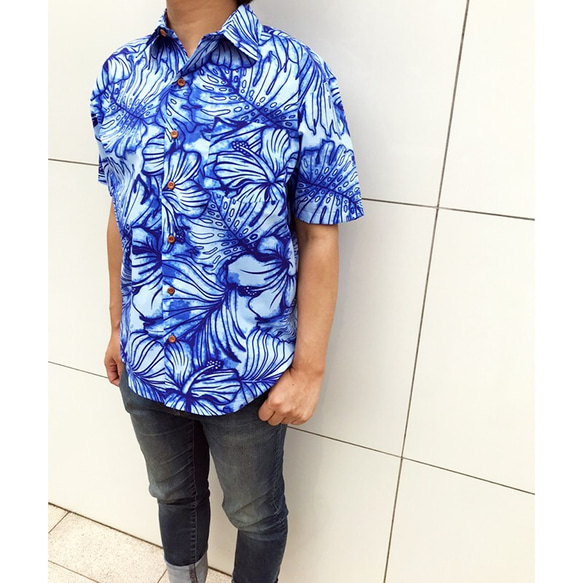 大量入荷 アロハシャツ/ブルー/メンズM.Lサイズ/ハイビスカス/ハワイアン トップス