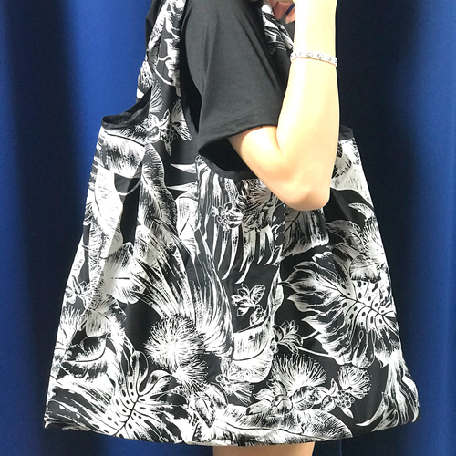 在庫切れ】ハワイ柄エコバッグ/ブラック×ホワイト/ハワイアン