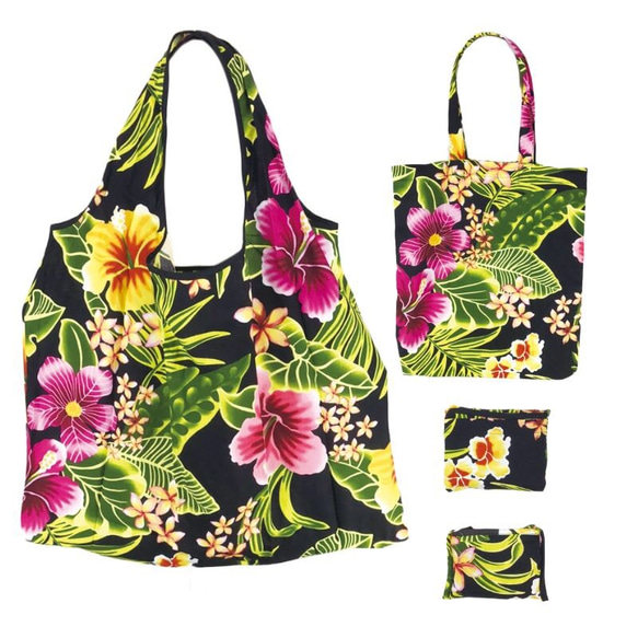 即納】ハワイ柄エコバッグ大小2個セット/ハイビスカス/コンパクト