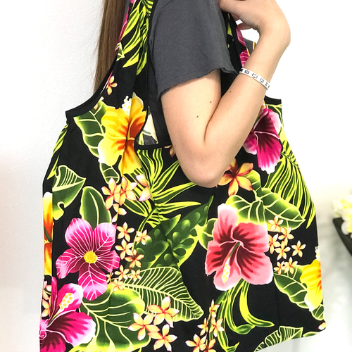 即納】ハワイ柄エコバッグ大小2個セット/ハイビスカス/コンパクト