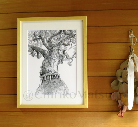 ペン画・複製(ジクレー)画 「御神木」太子サイズ額装 絵画 松野