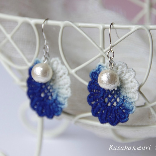 藍染ピアス・イヤリング＊コットン×コットンパール ピアス（フック