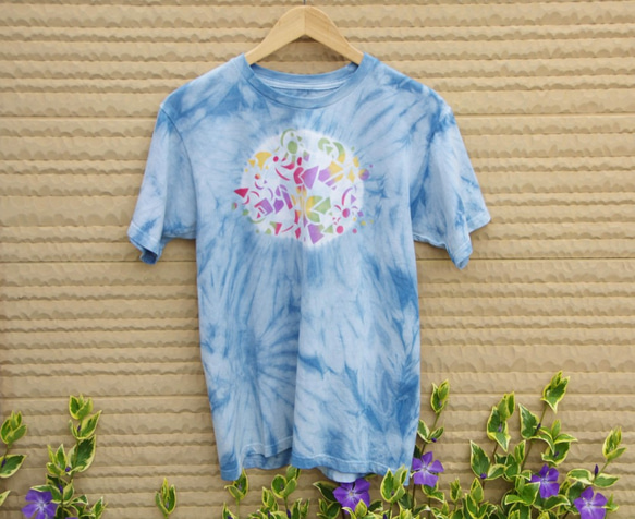 藍染絞りステンシルTシャツ 3枚目の画像