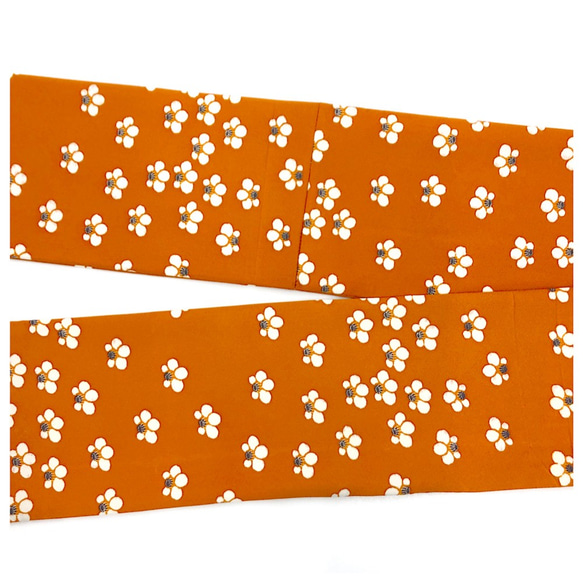 美品　梅模様　半幅帯　地紋柄　正絹　全通　長尺　432センチ　オレンジ 4枚目の画像