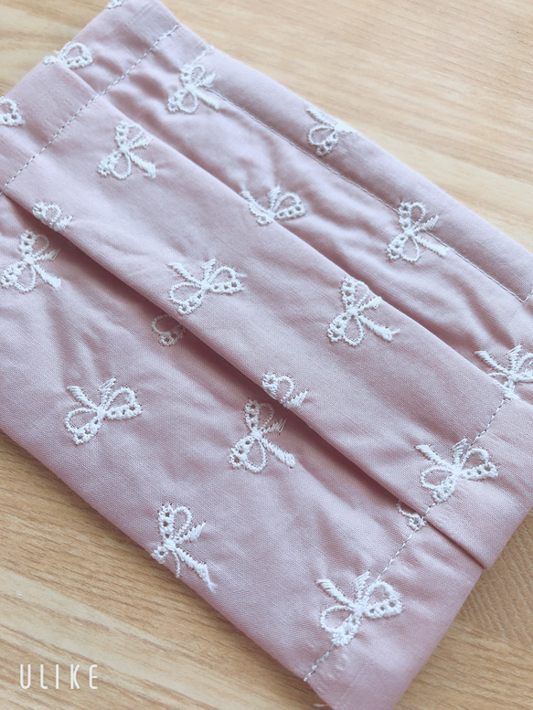 【送料無料】リボン刺繍レース　プリーツマスク　　　　　　　小さめサイズ　ピンク 4枚目の画像