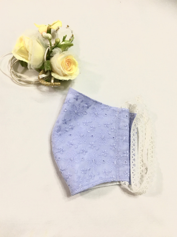 ⭐️9/30まで⭐️お早めに　⌘夏マスク⌘  接触冷感　❇︎刺繍レース❇︎ 　大人綺麗ブルー　Mサイズ 2枚目の画像