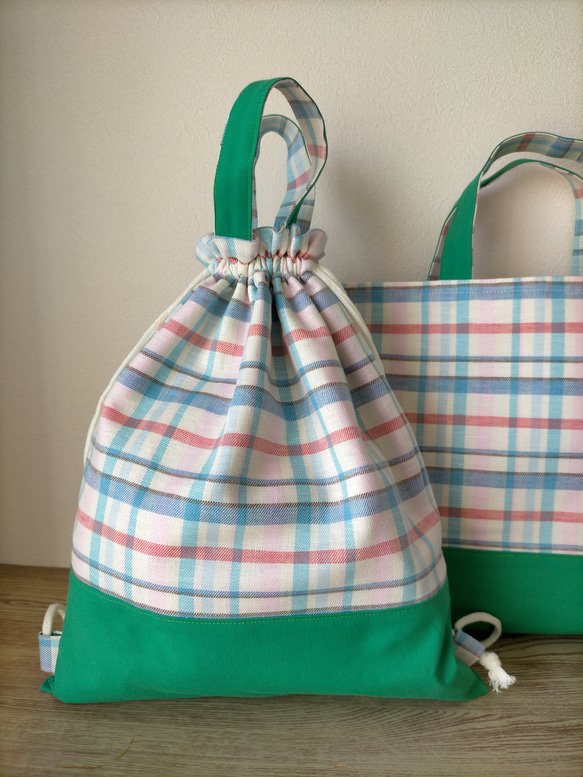 入園入学  チェックx鮮やかなグリーン レッスンバッグ 上履き袋 絵本バッグ お着替え袋 2枚目の画像