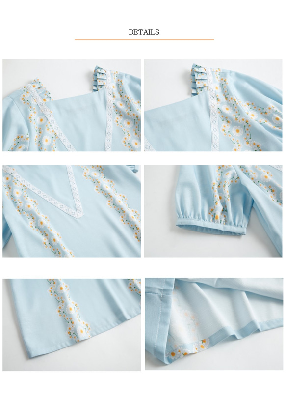 Nega C. Square neckline top in Daisy's Pattern--BabyBlue 9枚目の画像