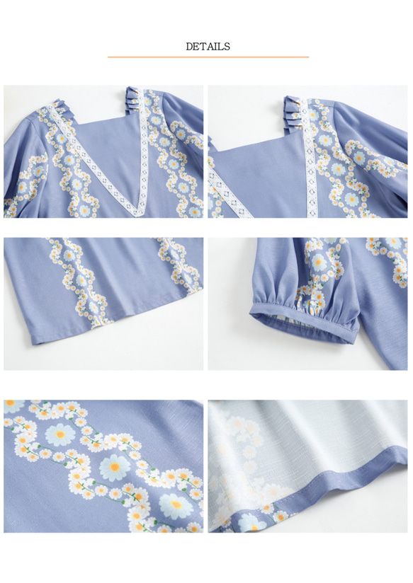 Nega C. Square neckline top in Daisy's Pattern--BabyBlue 9枚目の画像