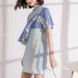 Nega C. Round neck mini pleat with ruffle décor dress--Blue 3枚目の画像