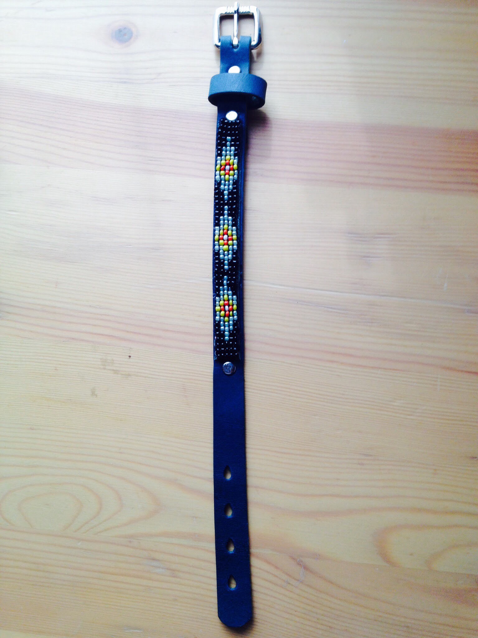 ビーズブレスレットD【ブルー/青】ネイティブ柄 革 レザー バックル シングル