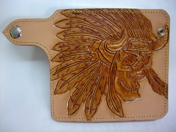 インディアンスカル3】カービング深彫り長財布 革 栃木レザー シルバー  