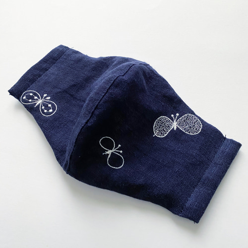 ミナペルホネン choucho 二重織生地 ネイビー×白の刺繍 ノーズワイヤー  