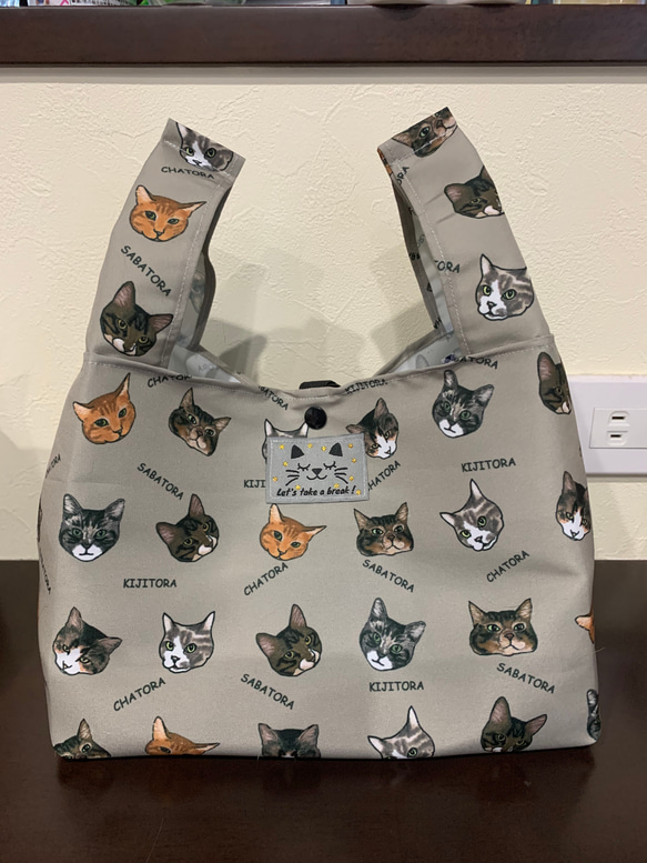 エコバッグ・コンビニサイズ☆撥水加工生地/猫柄・トラネコ エコバッグ
