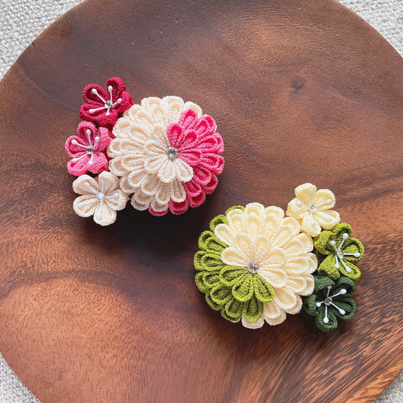 丸菊と梅｠つまみ細工 髪飾り かんざし コサージュ 帯飾り 成人式 卒業