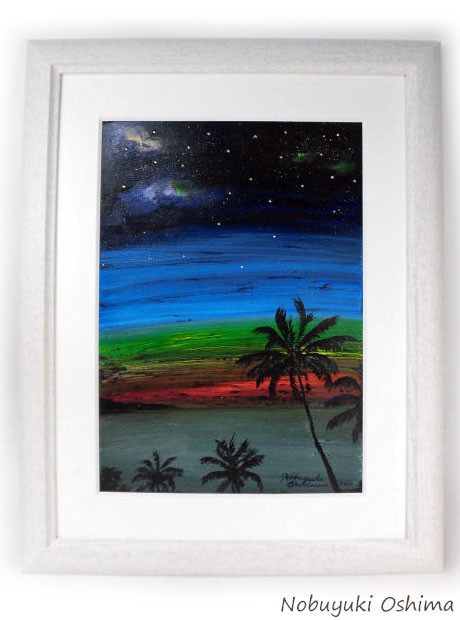 アクリル絵画 「Space with Sunset（2020）」原画額装品【海・宇宙 