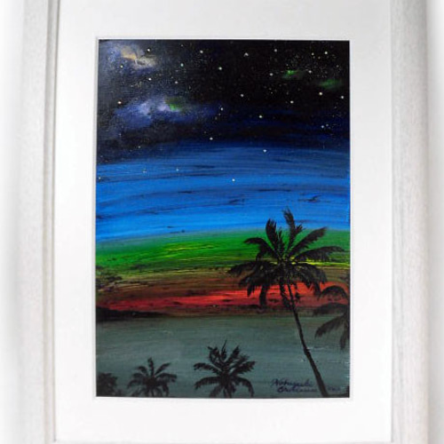 アクリル絵画 「Space with Sunset（2020）」原画額装品【海・宇宙 