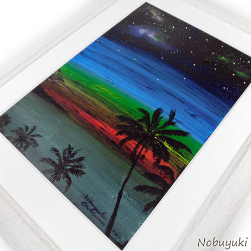 アクリル絵画 「Space with Sunset（2020）」原画額装品【海・宇宙 
