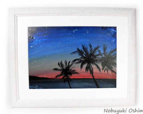 スティッチ アクリル画 夕日 ビーチ アクリル絵画「Sunset Beach（2020）」原画額装品【海・サン