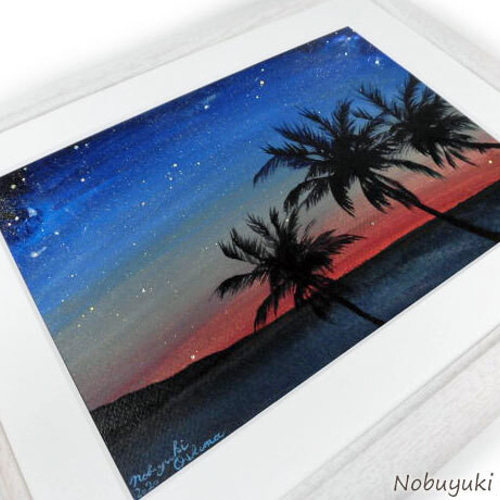 アクリル絵画「Sunset Beach（2020）」原画額装品【海・サンセット 