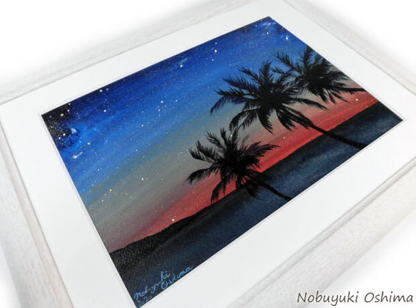 アクリル絵画「Sunset Beach（2020）」原画額装品【海・サンセット・夕日・サーフィン・アート・インテリア】 3枚目の画像