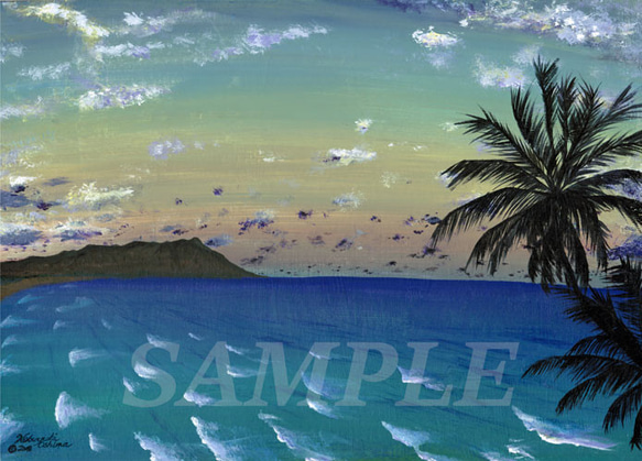 アクリル絵画「Waikiki Beach（2018）」原画額装品／海・ワイキキビーチ・ハワイ・ダイアモンドヘッド・アート 2枚目の画像