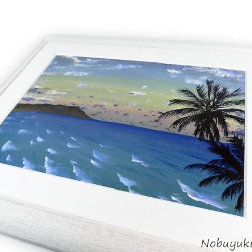ハワイの海岸（ヤシ無し）　アクリル画　原画 ハワイ・ワイキキ ビーチ［2007年 アクリル水彩画／サーフィン