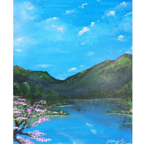 アクリル絵画「Lakeside in spring」原画【手描き/湖畔・桜・春 アクリル絵画「Lakeside in spring」原画【手描き/湖畔・桜・春