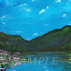 アクリル絵画「Lakeside in spring」原画【手描き／湖畔・桜・春・山・自然・風景・美術・アートインテリア】 2枚目の画像