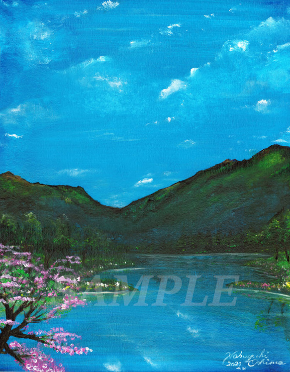 アクリル絵画「Lakeside in spring」原画【手描き／湖畔・桜・春・山・自然・風景・美術・アートインテリア】 2枚目の画像