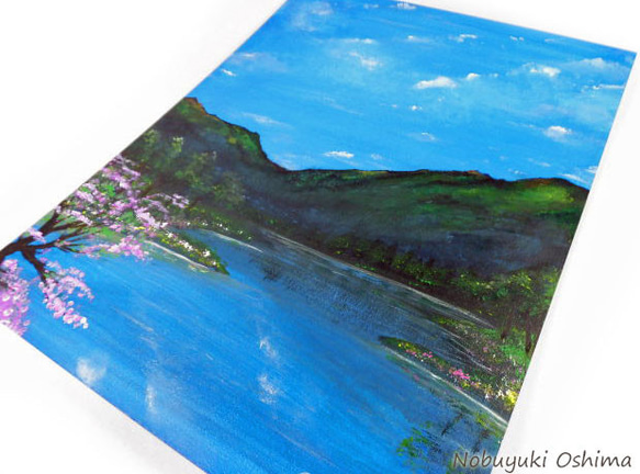 アクリル絵画「Lakeside in spring」原画【手描き／湖畔・桜・春・山・自然・風景・美術・アートインテリア】 3枚目の画像