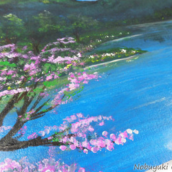 アクリル絵画「Lakeside in spring」原画【手描き／湖畔・桜・春・山・自然・風景・美術・アートインテリア】 4枚目の画像