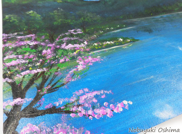 アクリル絵画「Lakeside in spring」原画【手描き／湖畔・桜・春・山・自然・風景・美術・アートインテリア】 4枚目の画像