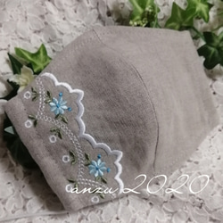 ボーダー　レース刺繍　ピンクorブルー小花　２色展開　立体マスク　本麻　リネン１００%　シックな秋マスク 3枚目の画像