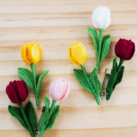 小さなチューリップブローチ~ピンク~ (受注制作、お花モチーフ、春、手編み、プレゼント、四季折々) 5枚目の画像
