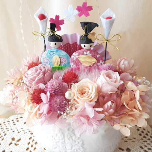 HANDMADE プリザーブドフラワー　お雛様セット 春色ひな祭りアレンジ【クリアbox入り】プリザーブドフラワー