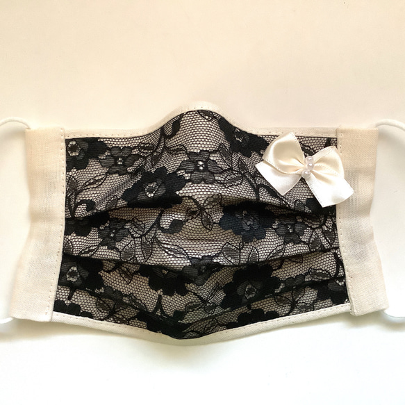 黒レース　布マスク❤︎プリーツマスク❤︎ホワイトリボン　ハンドメイド布マスク　 1枚目の画像