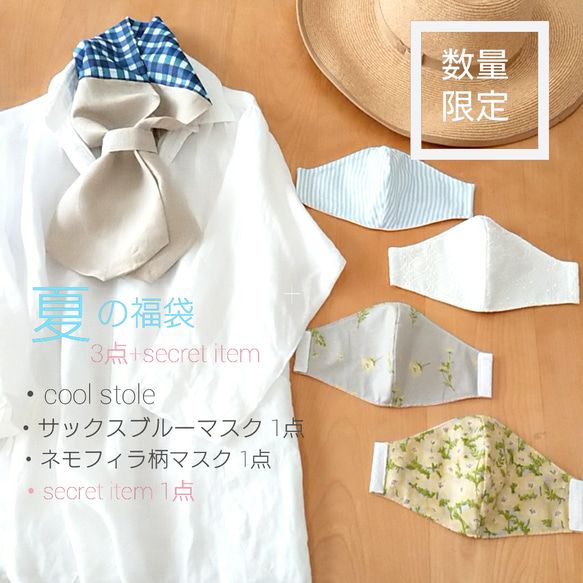 【夏の選べる福袋 3点+secret item】cool stole&2mask＊basic navy check 1枚目の画像