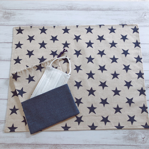 マスクポケット付き給食袋とランチマットセット 星 デニム コップ袋