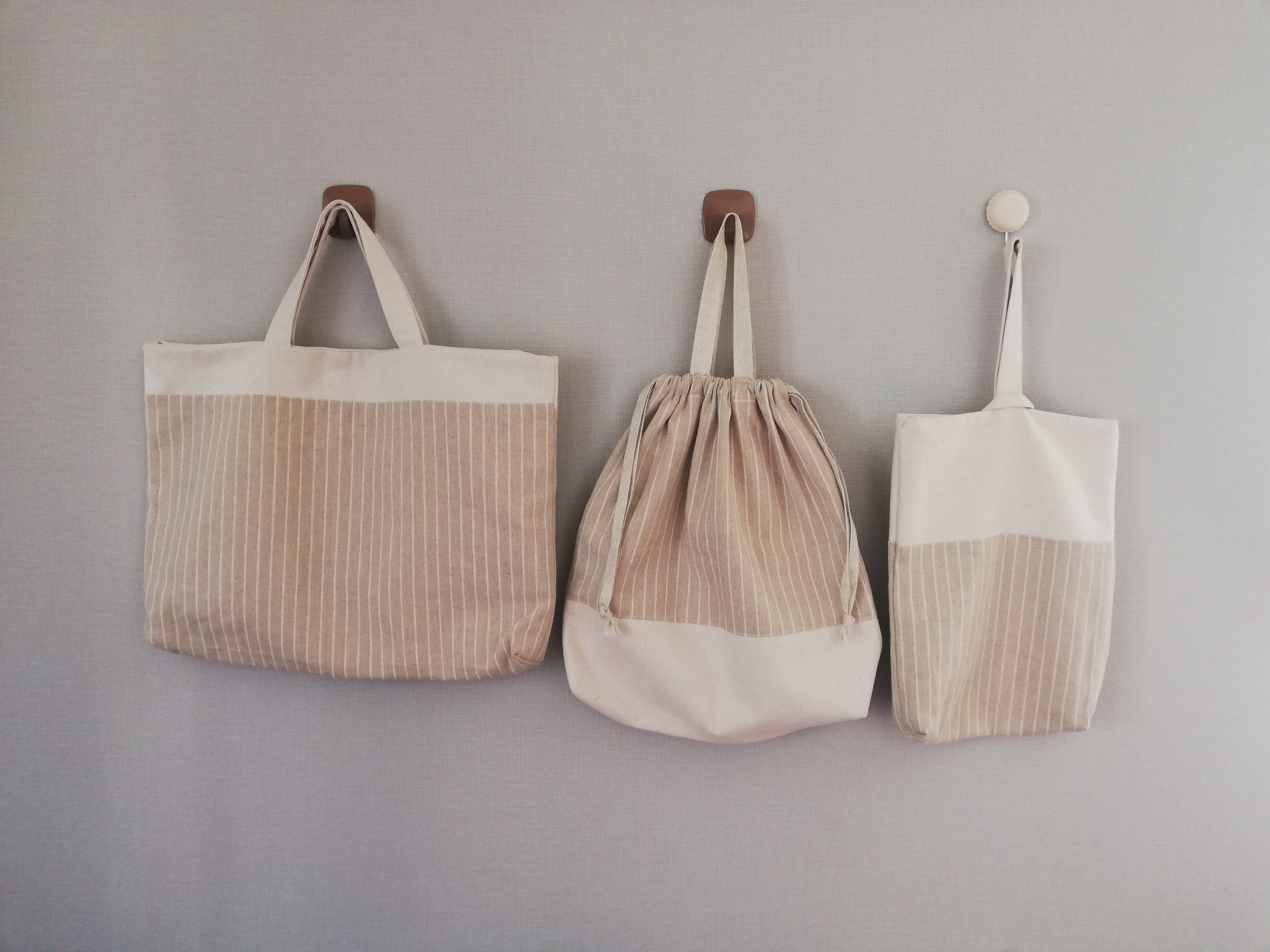 【ベージュたてしま柄3点セット】入園入学　レッスンバッグ・シューズバッグ・体操服袋 春 かわいい ナチュラル　ストライプ