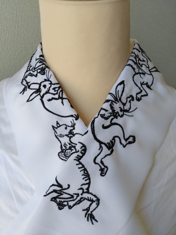 刺繍半衿 鳥獣戯画（蛙 兎 狐） 和装小物（帯・半襟） 刺繍好日