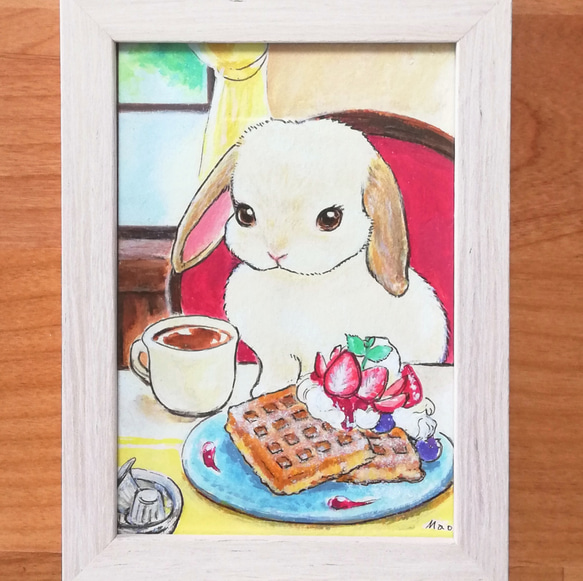 SOLD OUT　【うさぎカフェ　苺のワッフル】　額縁付き　ポストカードサイズ　　ナチュラル　インテリア Art_mao 3枚目の画像