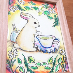 原画【Tea Time】　額縁付き　ポストカードサイズ　ナチュラル　カフェ　癒やし　 Art_mao 3枚目の画像