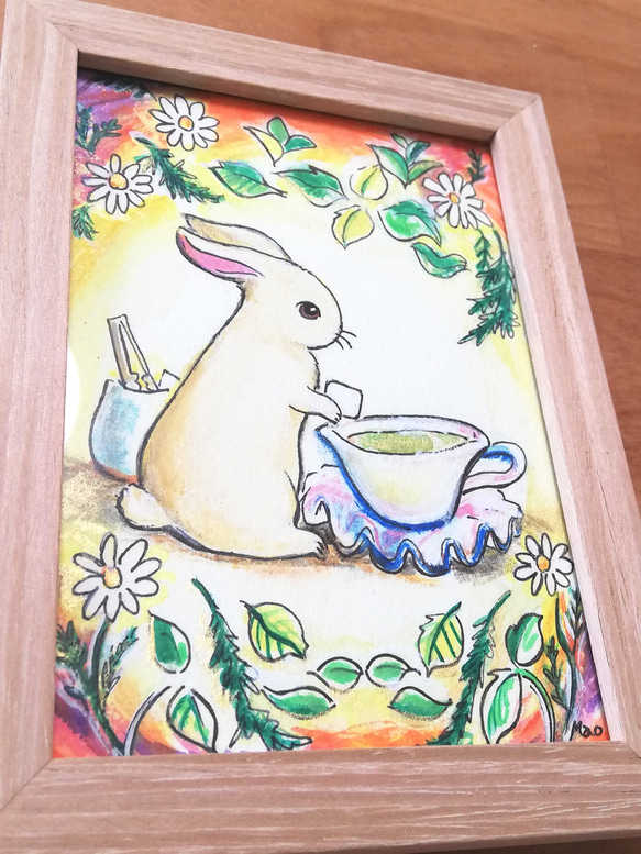 原画【Tea Time】　額縁付き　ポストカードサイズ　ナチュラル　カフェ　癒やし　 Art_mao 3枚目の画像